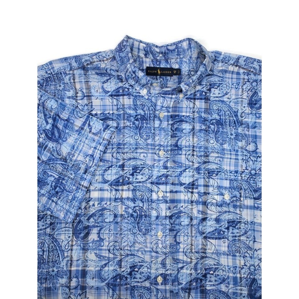 Ralph Lauren Mens 2XB Big Blue Paisley Plaid Cotton Short Sleeve Button Down